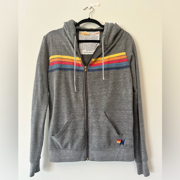 Aviator Nation Sweaters - Aviator Nation 5-Stripe Zip Womens Hoodie - Heather Grey - Sz - Small (B971)